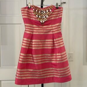 EEUC Lilly Pulitzer Sami Ryan Strapless Dress 👗 Pink Gold Size 0 🥰